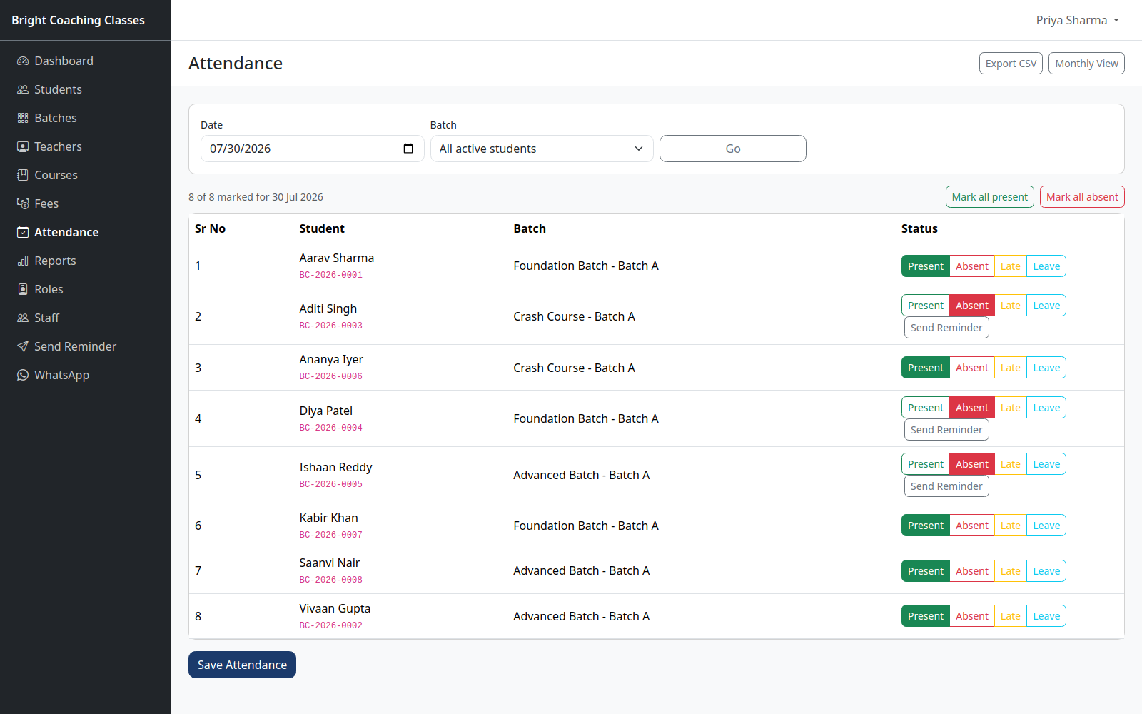 AcademyFlow Attendance screen