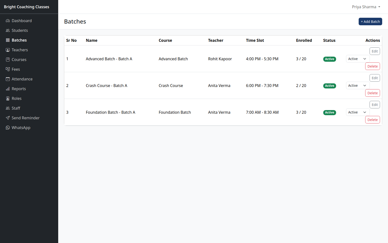 AcademyFlow Batches screen