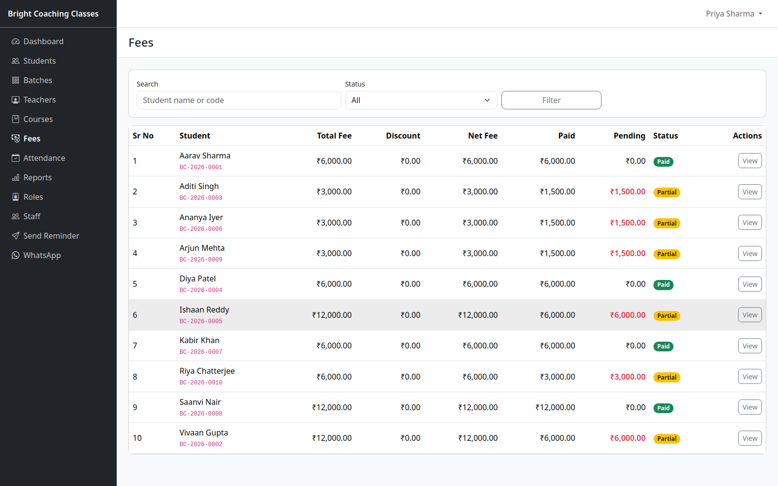 AcademyFlow Fees screen